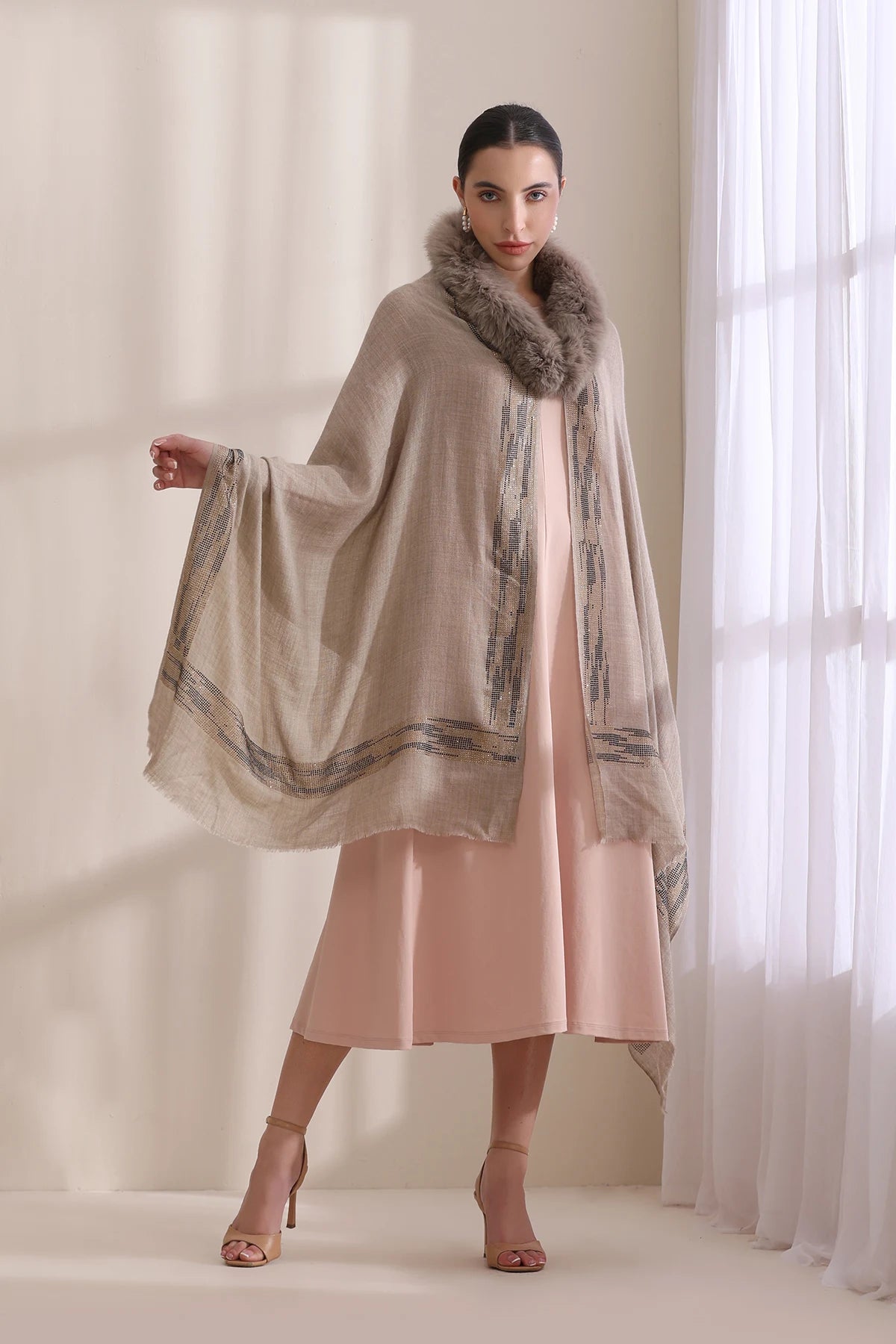 Evelyn Collared Fur with Zig Zag Border Stone Work Stole