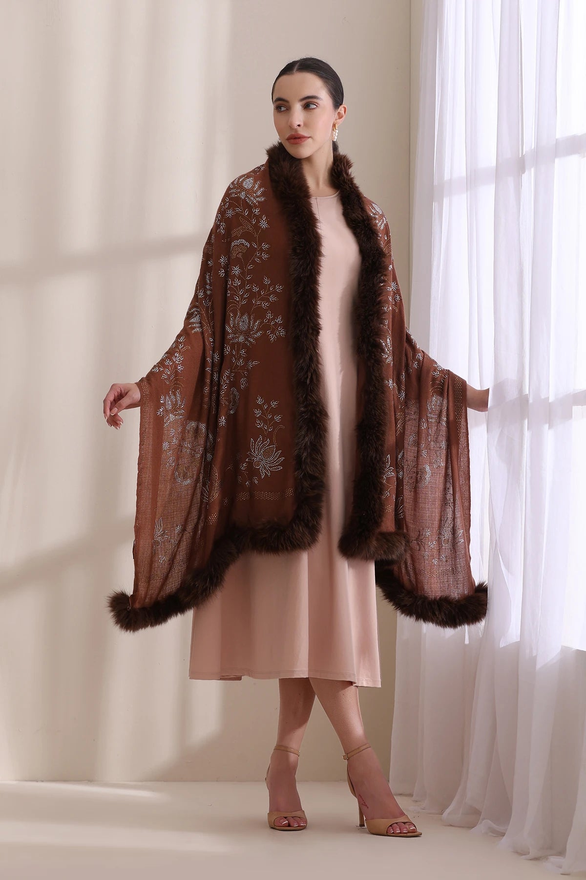 Flora Three Side Fur with Allover Lotus Pattern Stone Work Stole