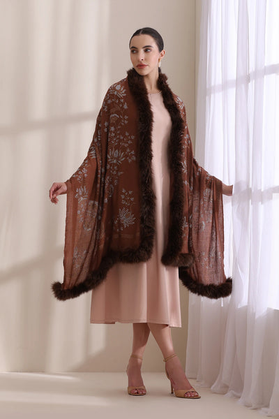 Flora Three Side Fur with Allover Lotus Pattern Stone Work Stole