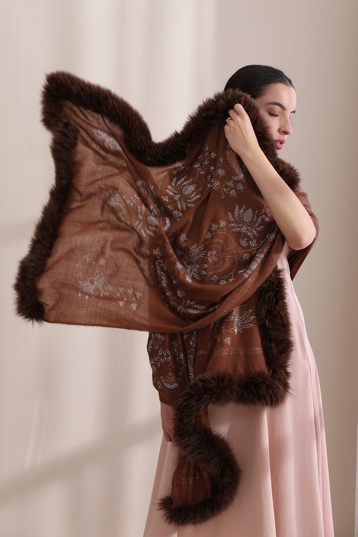 Flora Three Side Fur with Allover Lotus Pattern Stone Work Stole
