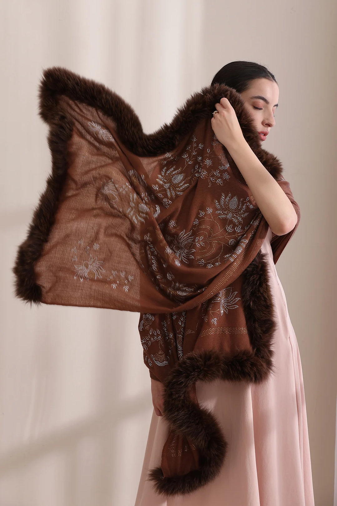 Flora Three Side Fur with Allover Lotus Pattern Stone Work Stole