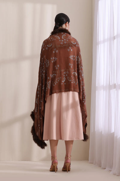 Flora Three Side Fur with Allover Lotus Pattern Stone Work Stole