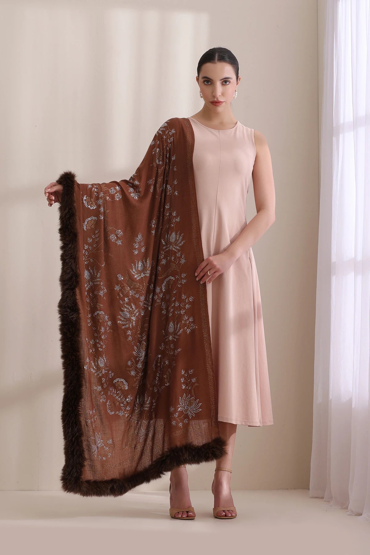 Flora Three Side Fur with Allover Lotus Pattern Stone Work Stole