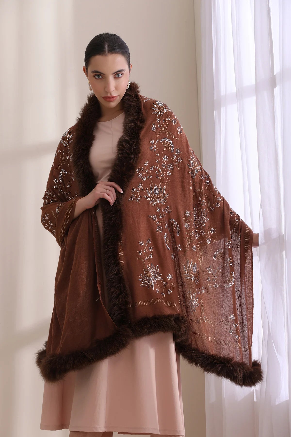 Flora Three Side Fur with Allover Lotus Pattern Stone Work Stole