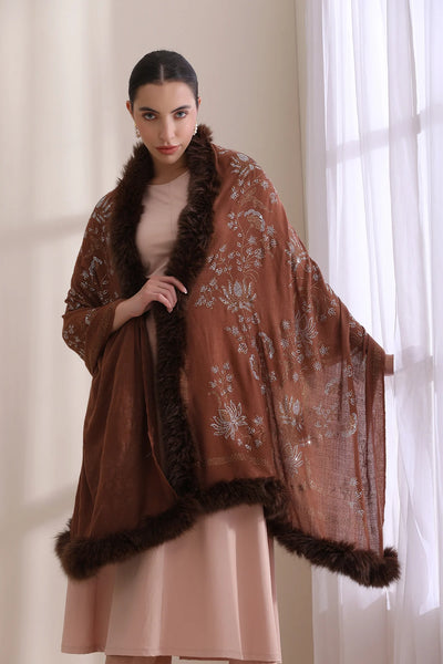 Flora Three Side Fur with Allover Lotus Pattern Stone Work Stole