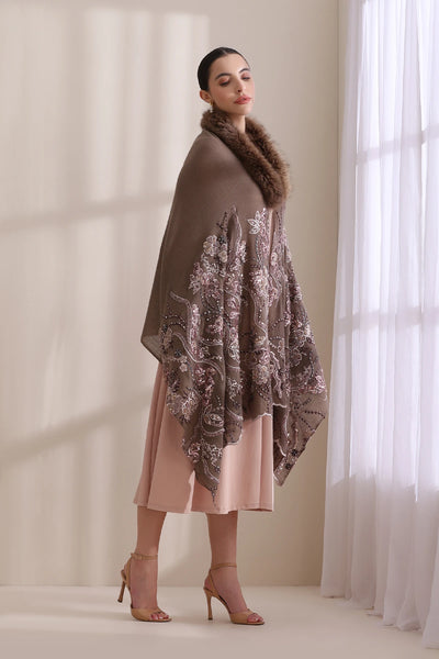 Camila Collared Fur with Heavy Floral Stone Work Stole