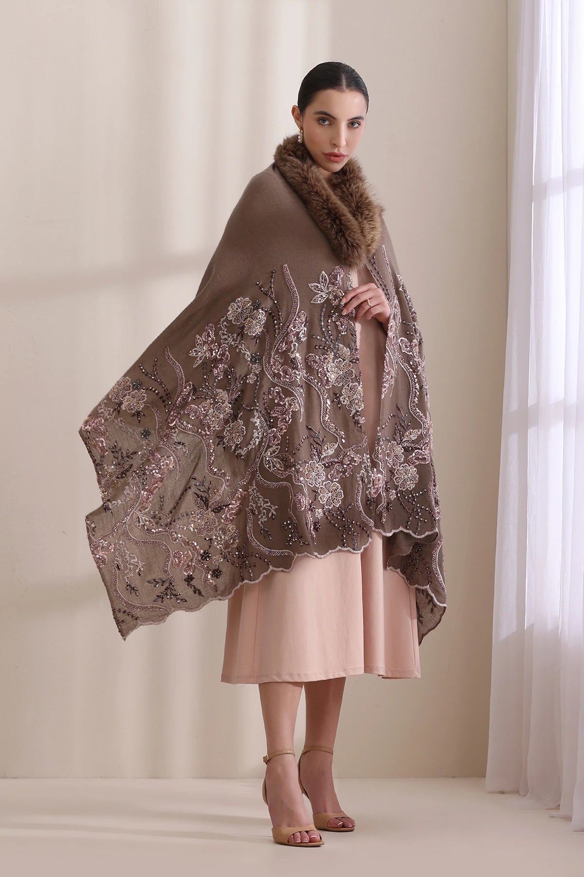 Camila Collared Fur with Heavy Floral Stone Work Stole