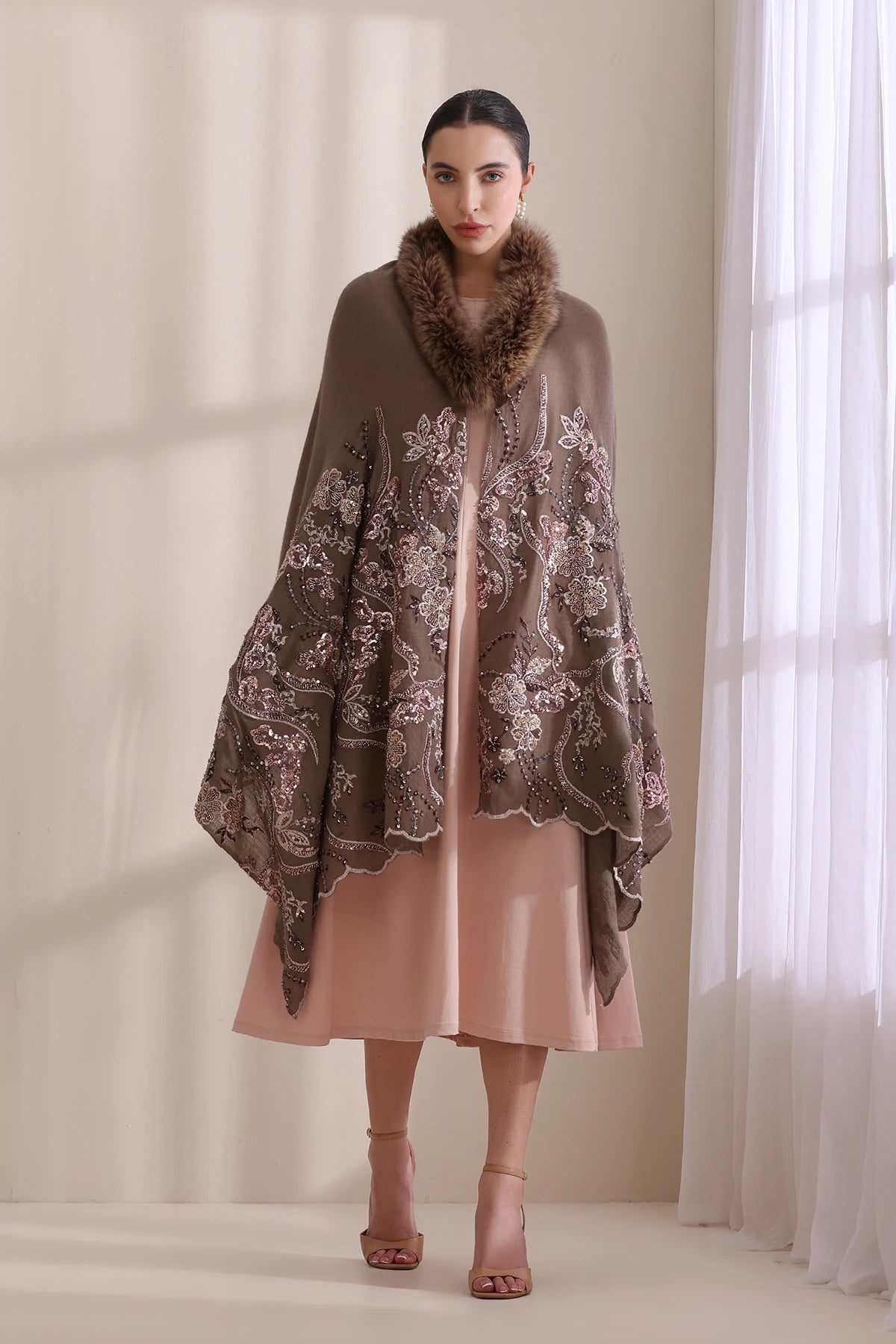 Camila Collared Fur with Heavy Floral Stone Work Stole