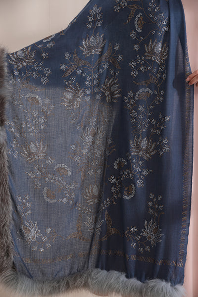 Aurora Three Side Fur with Allover Lotus Pattern Stone Work Stole