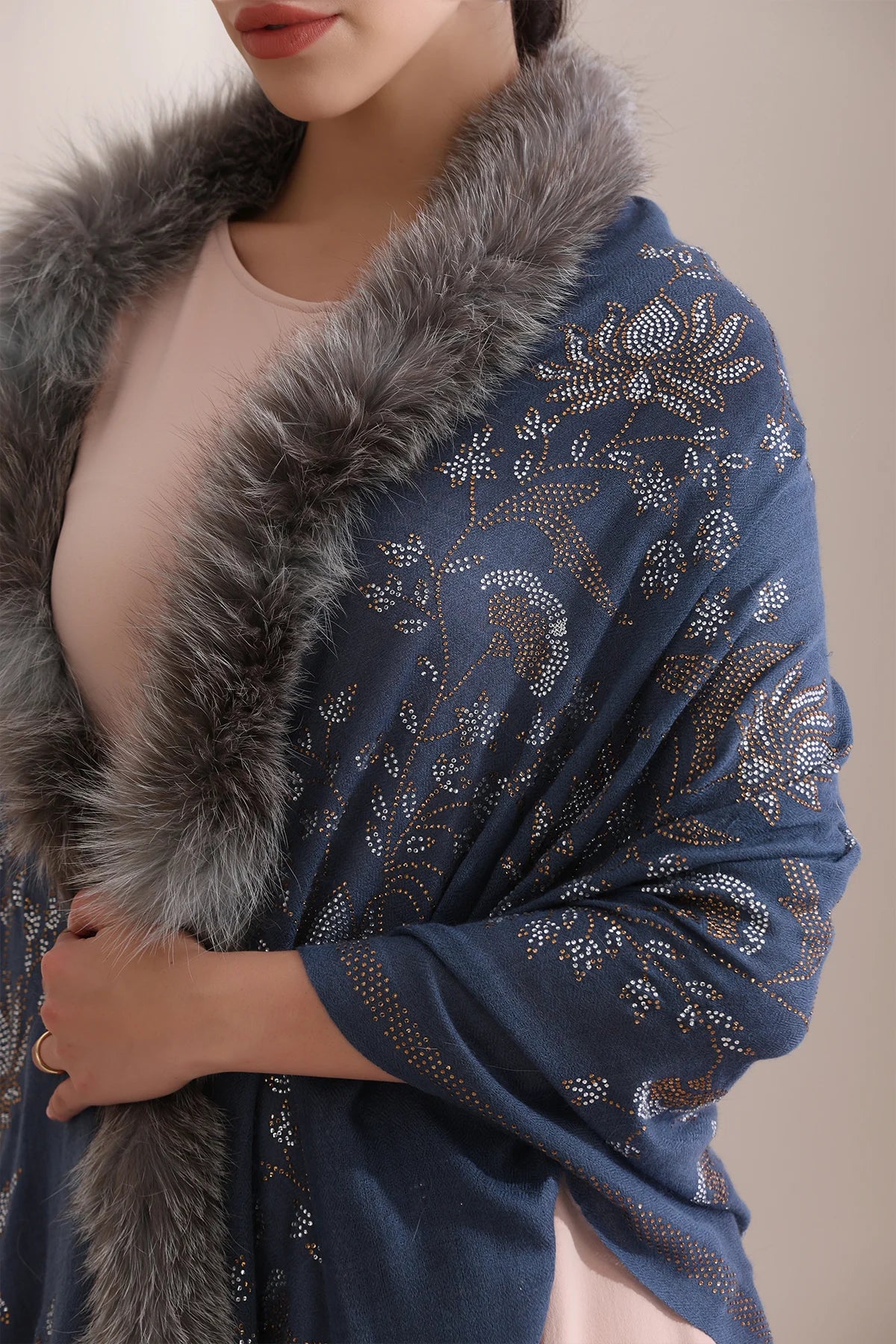 Aurora Three Side Fur with Allover Lotus Pattern Stone Work Stole