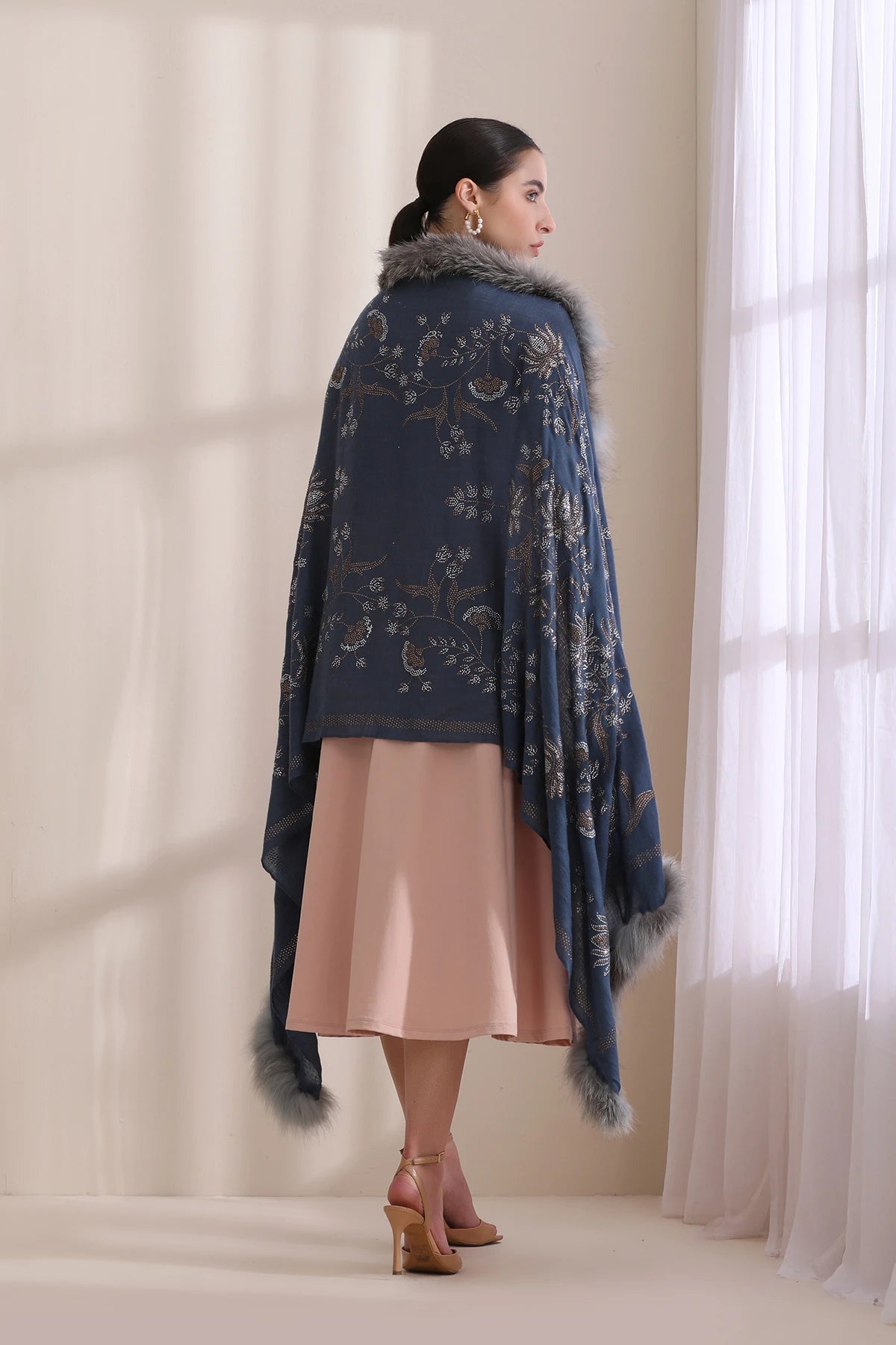 Aurora Three Side Fur with Allover Lotus Pattern Stone Work Stole