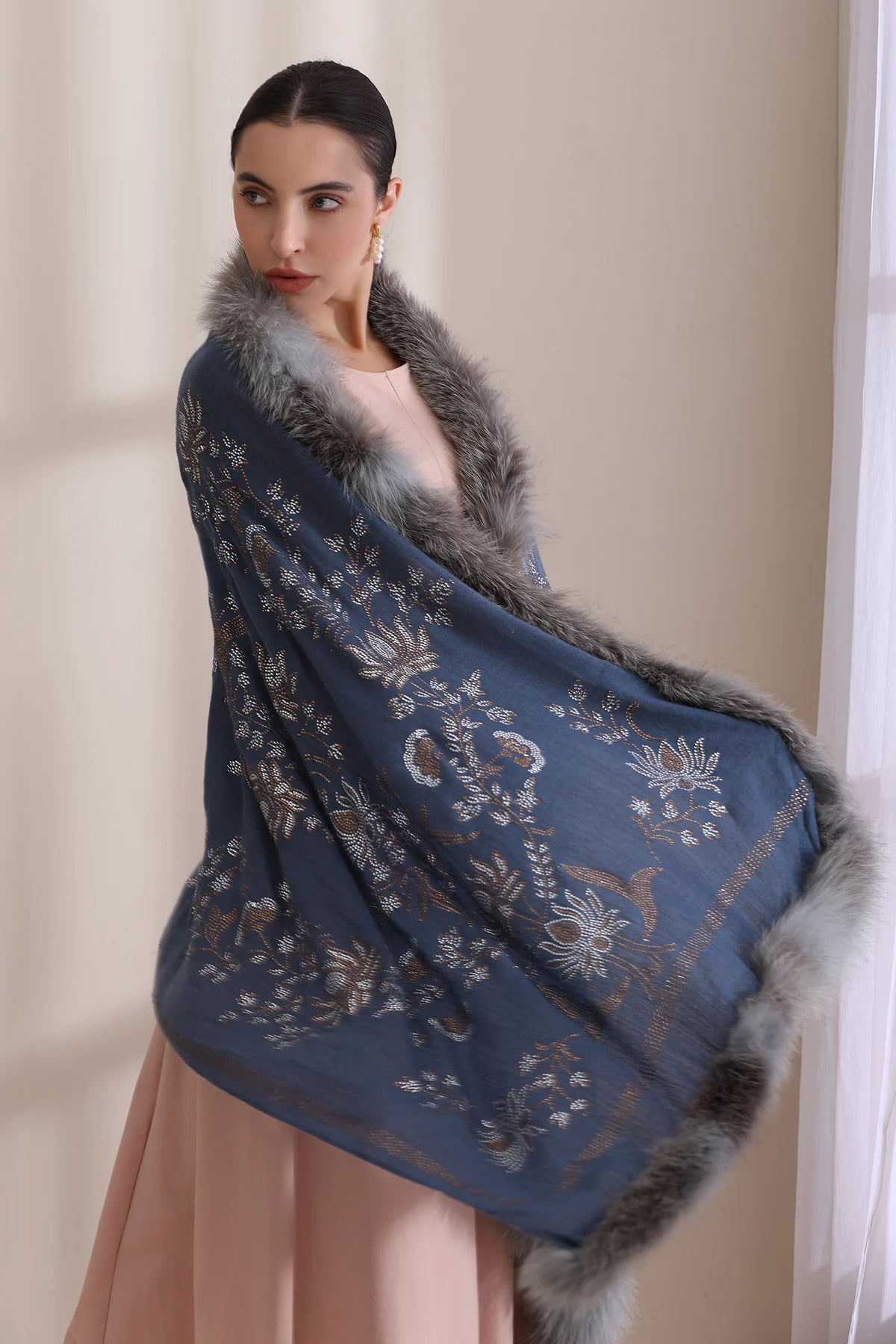 Aurora Three Side Fur with Allover Lotus Pattern Stone Work Stole