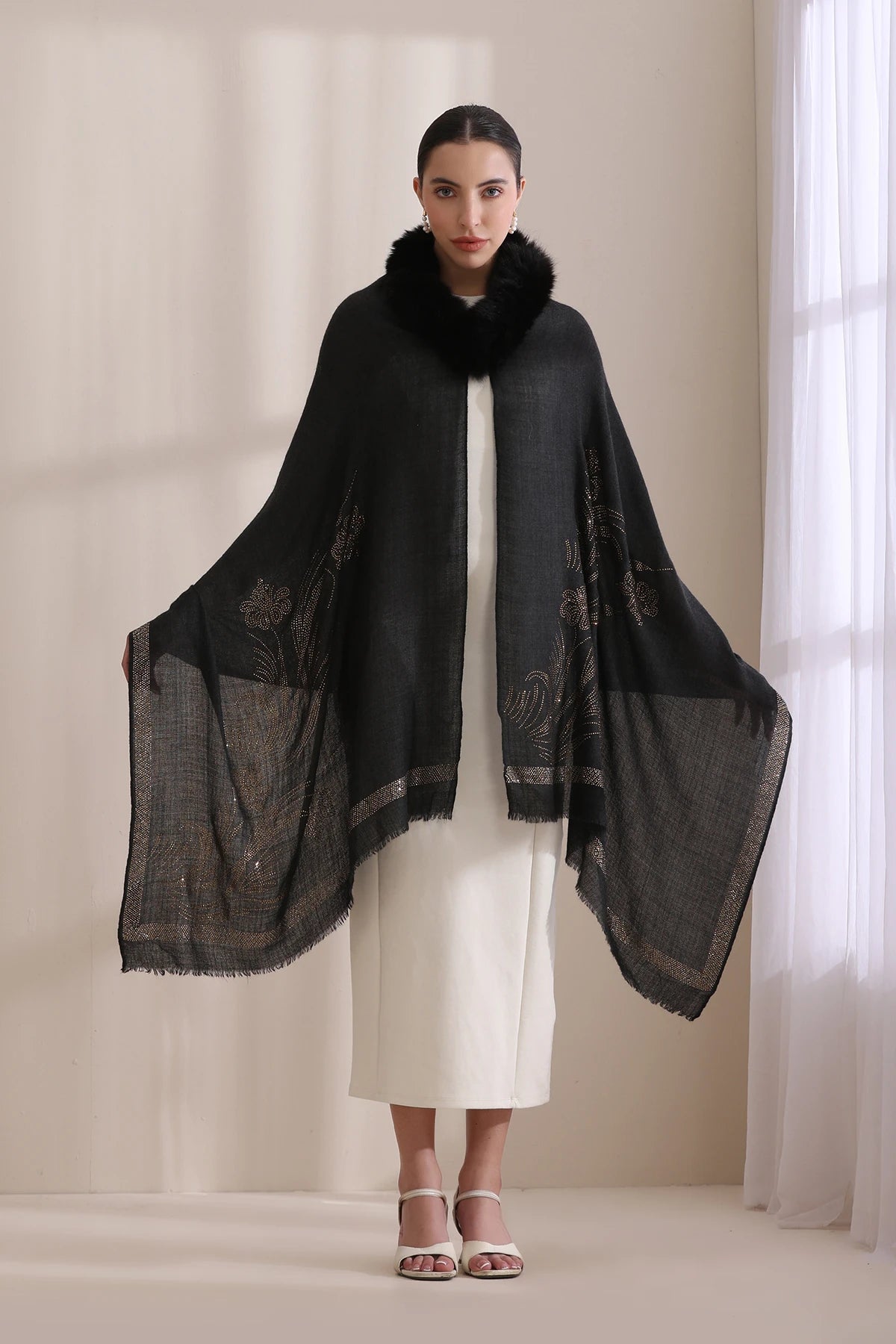 Chloe Collared Fur with Floral Stone Work Stole