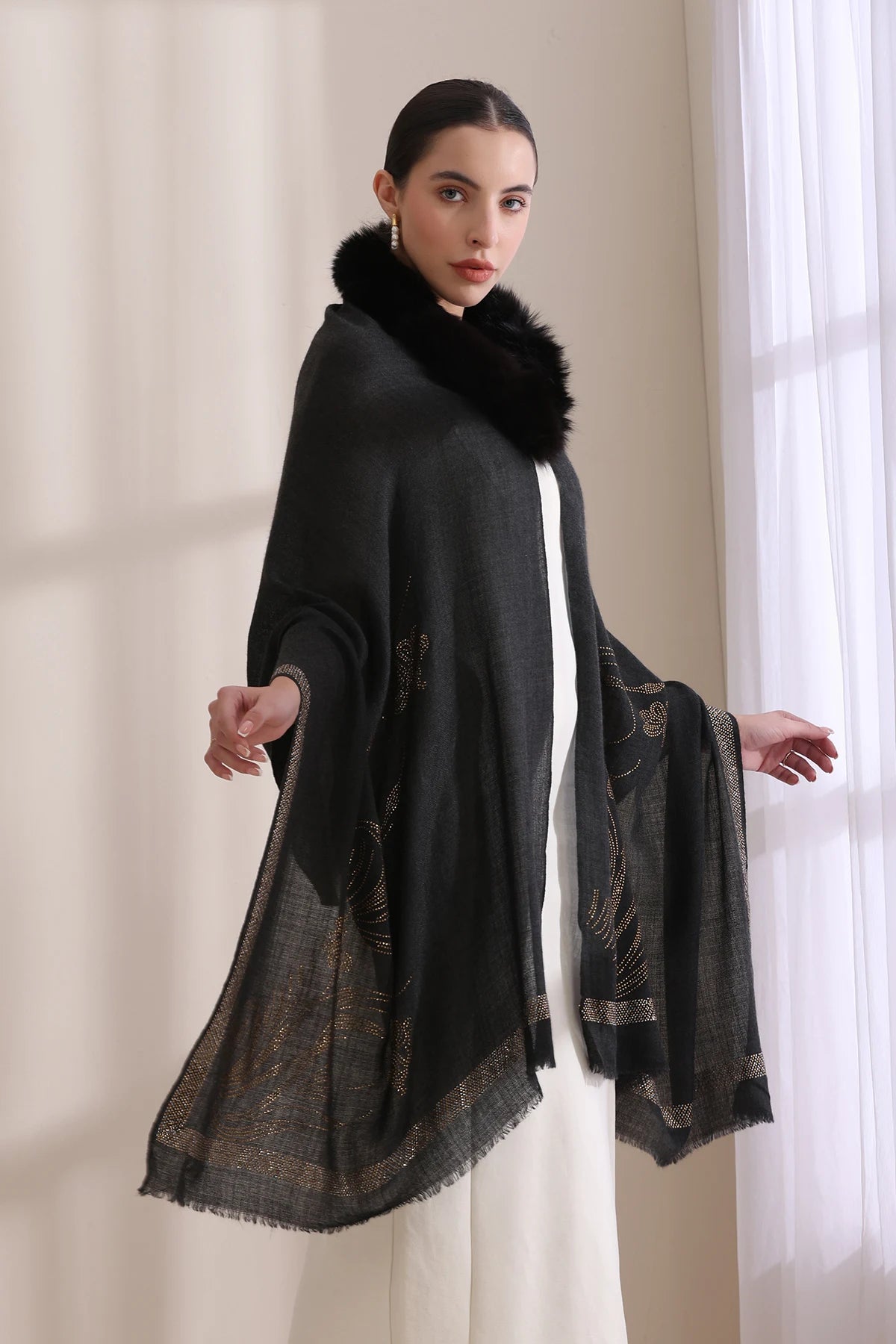 Chloe Collared Fur with Floral Stone Work Stole