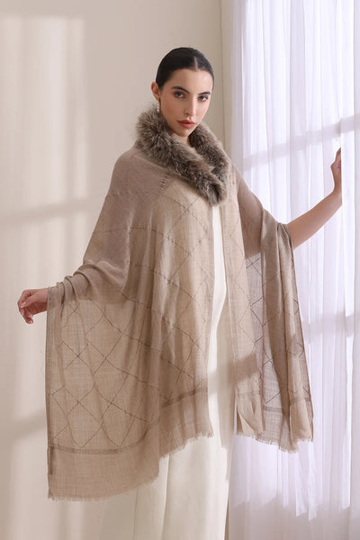 Hazel Collared Fur with All Over Criss Cross Stone Work Stole