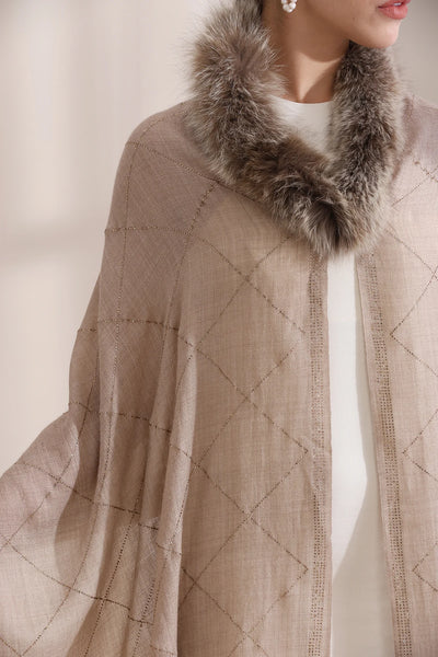 Hazel Collared Fur with All Over Criss Cross Stone Work Stole
