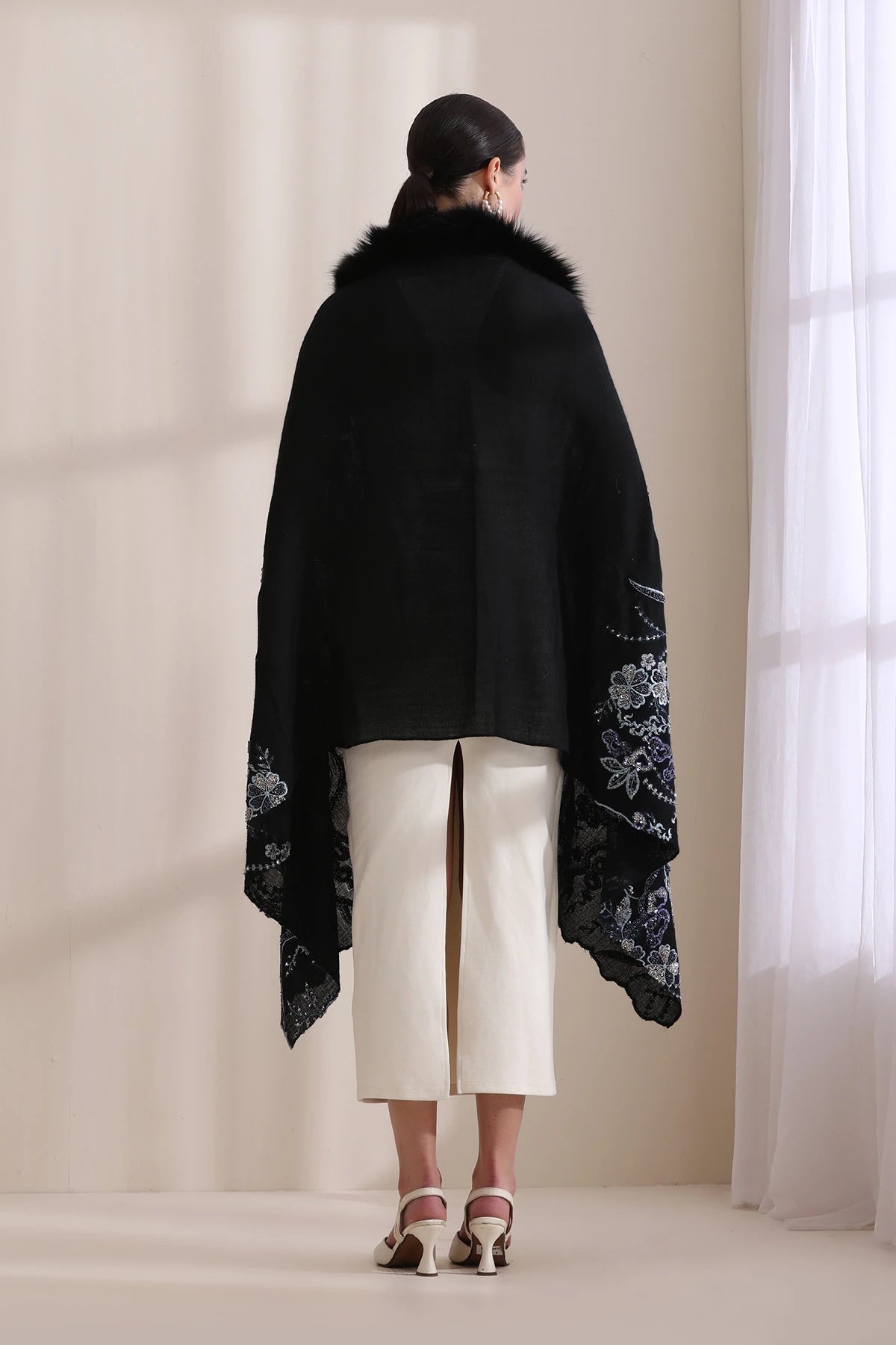 Ellie Collared Fur with Heavy Floral Stone Work Stole
