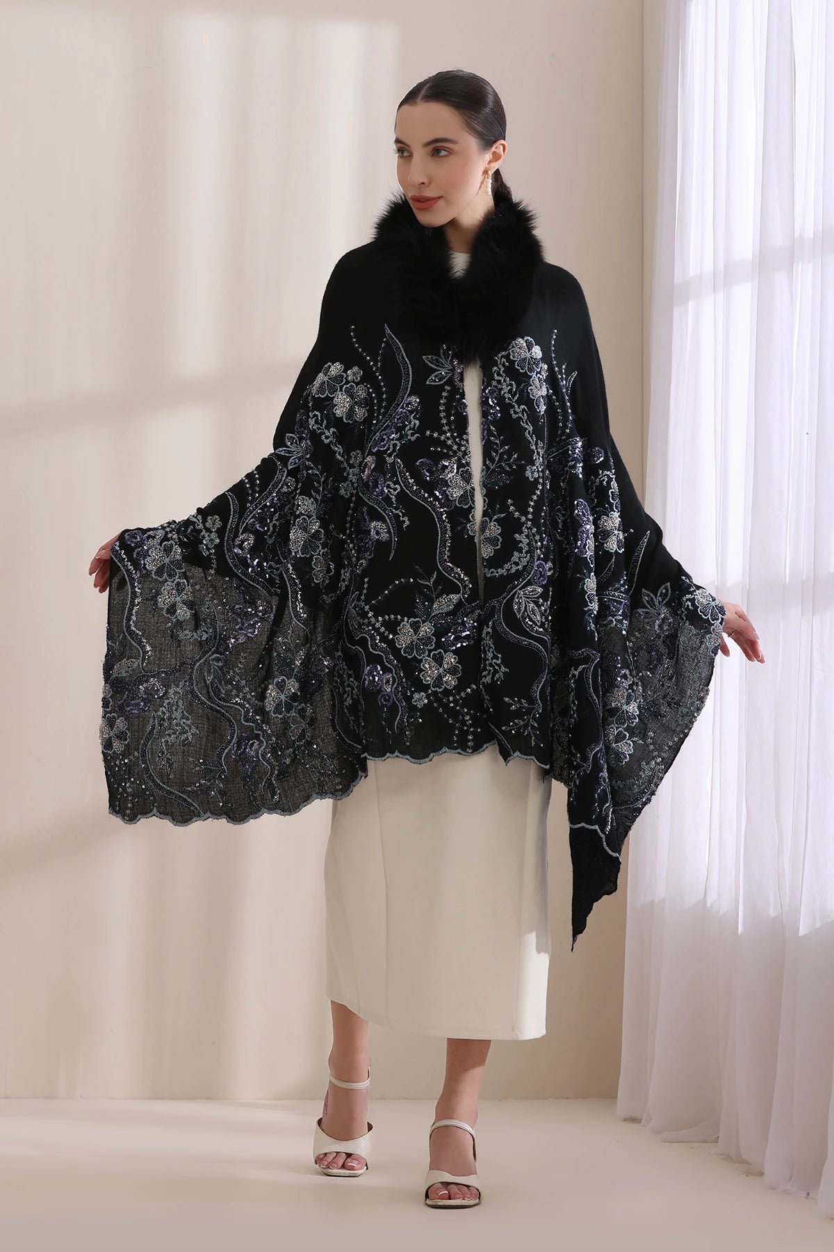 Ellie Collared Fur with Heavy Floral Stone Work Stole
