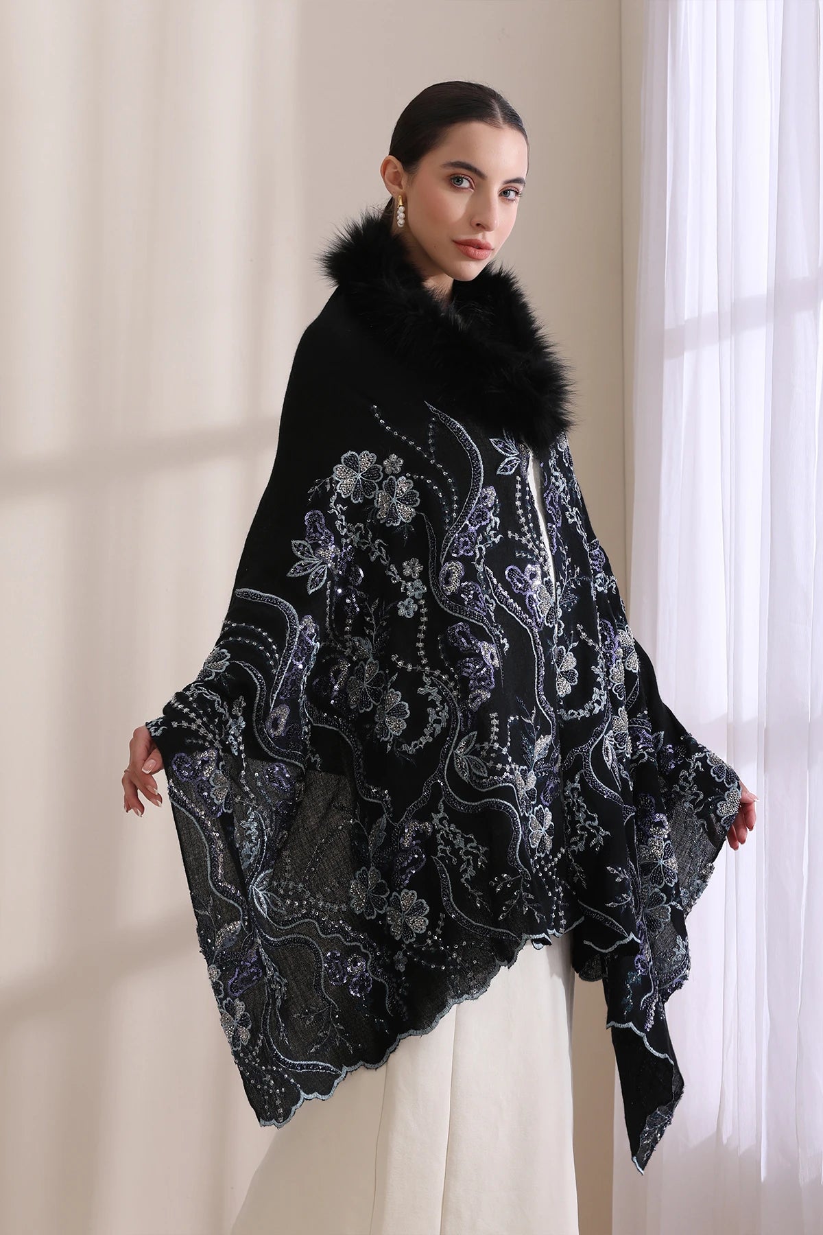 Ellie Collared Fur with Heavy Floral Stone Work Stole