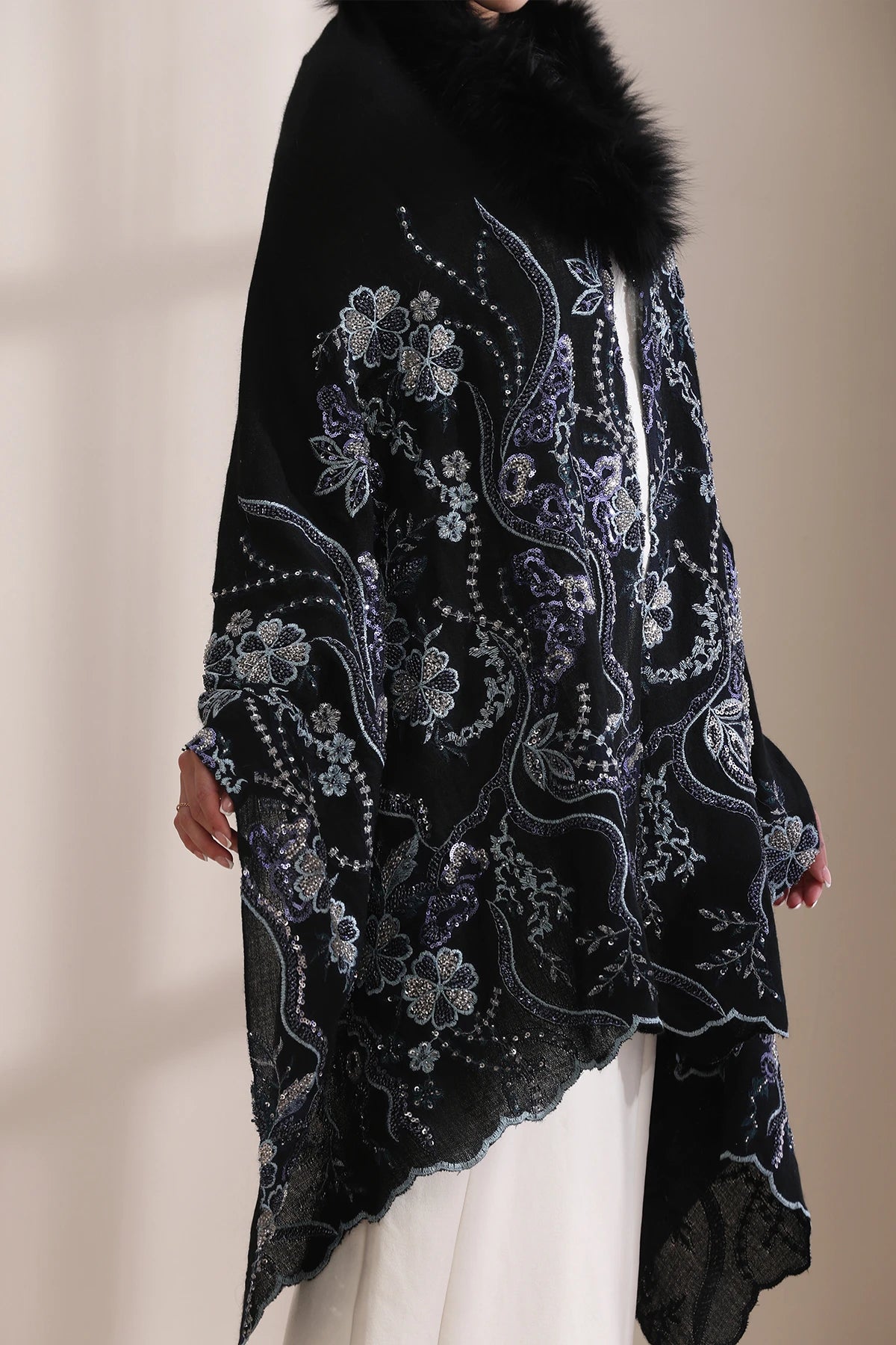 Ellie Collared Fur with Heavy Floral Stone Work Stole