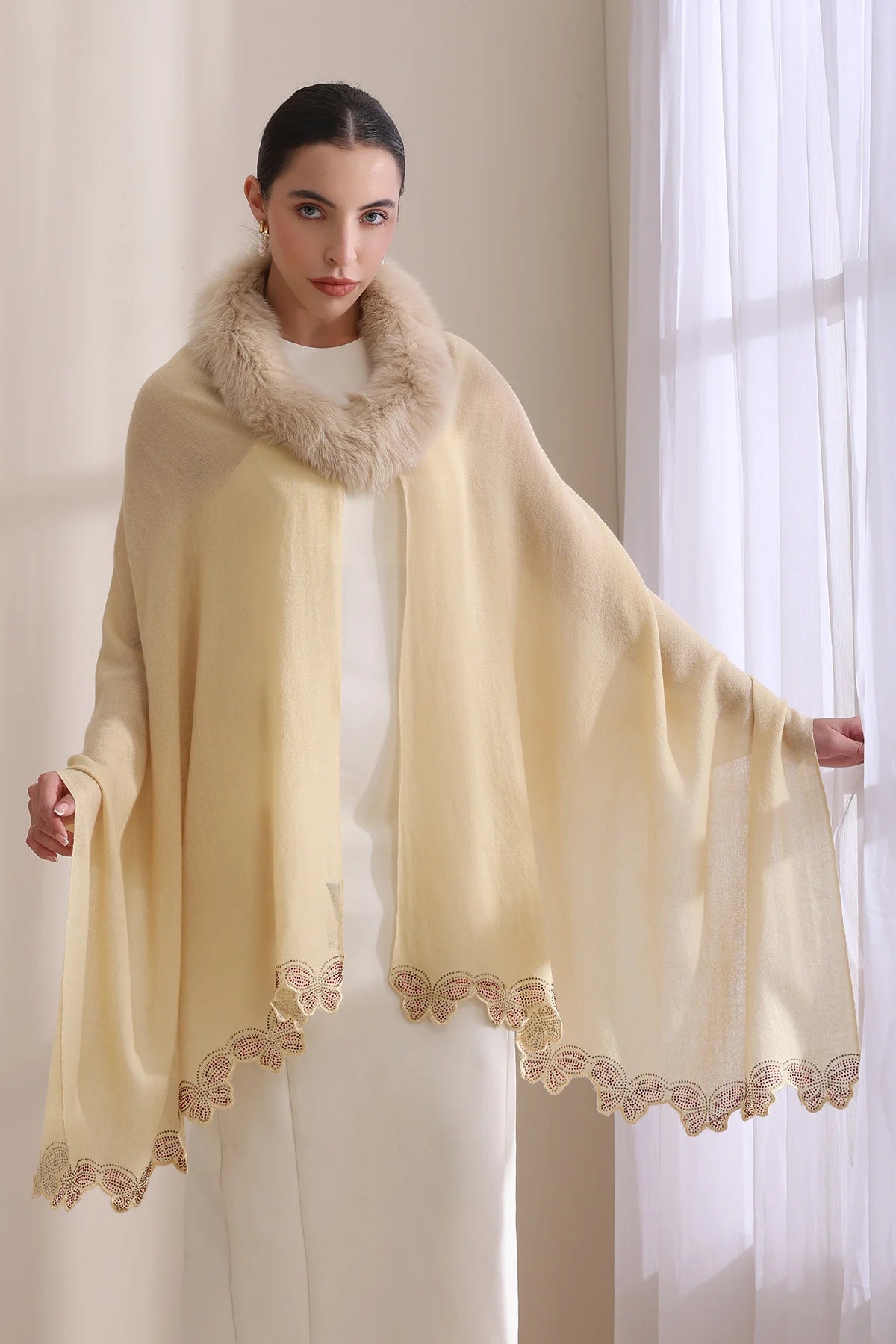 Nora Collared Fur with Butterfly Boreder Stone Work Stole