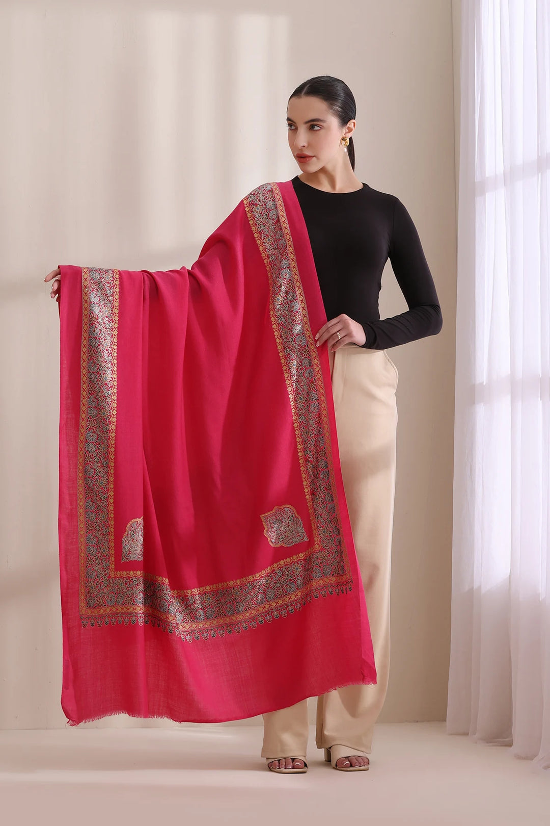 Geetanjali Intricate Embroidered Fine Wool Shawl with Four Side Border