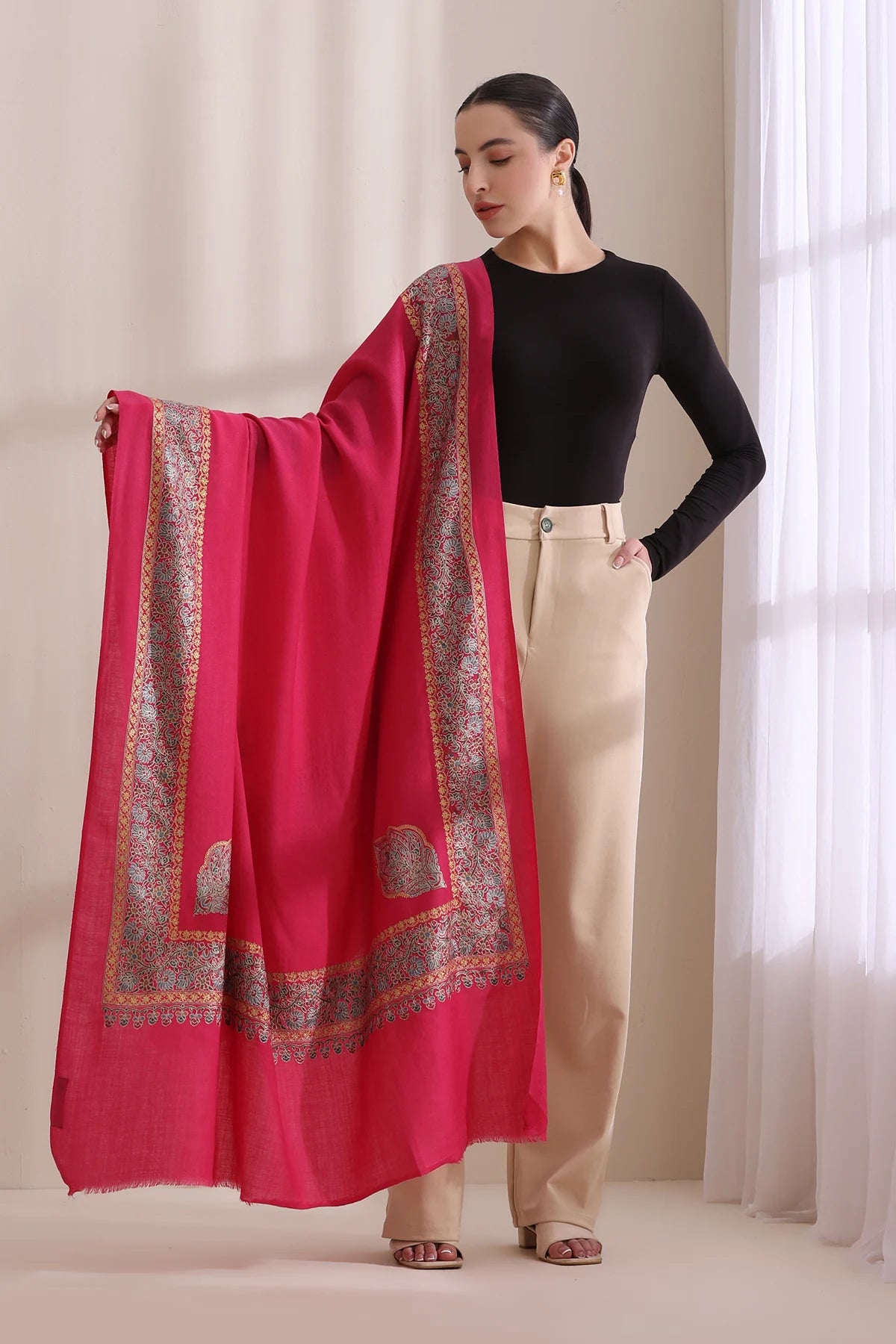 Geetanjali Intricate Embroidered Shawl with Four Side Border