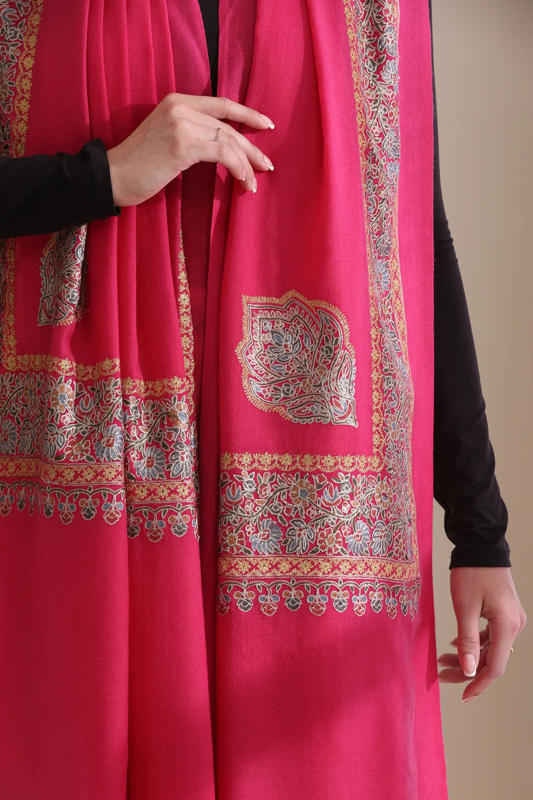 Geetanjali Intricate Embroidered Fine Wool Shawl with Four Side Border