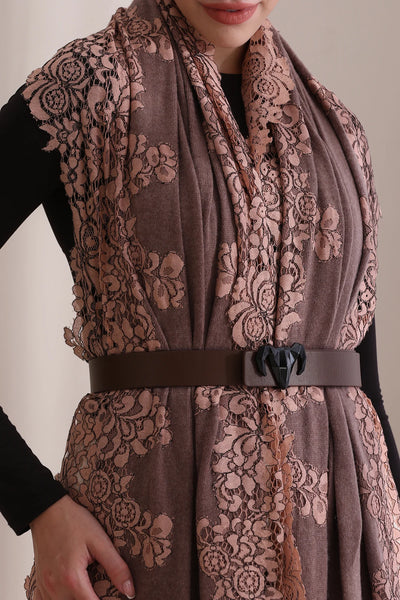 Lily All Side Floral Lace Tone on Tone , Fine Wool Knitted Stole