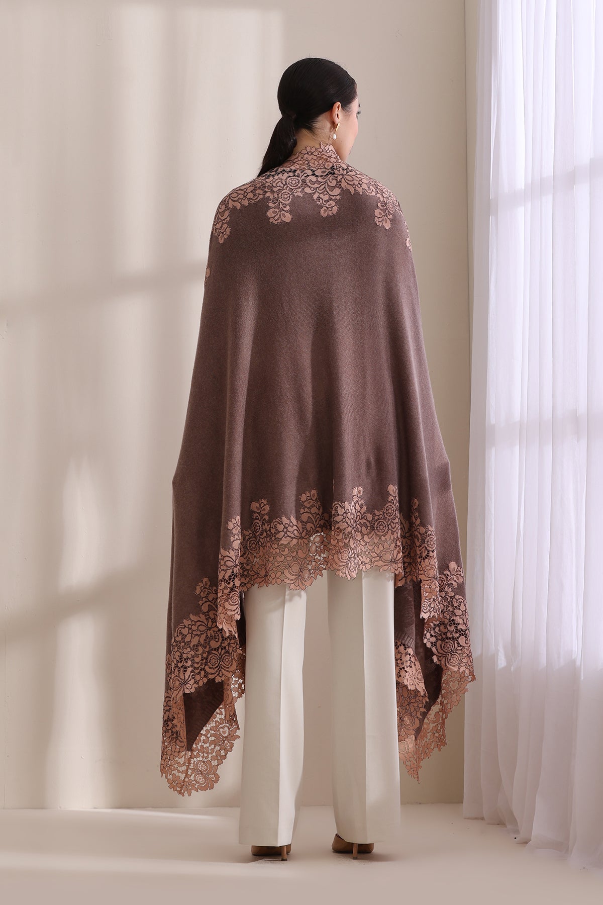 Lily All Side Floral Lace Tone on Tone , Fine Wool Knitted Stole