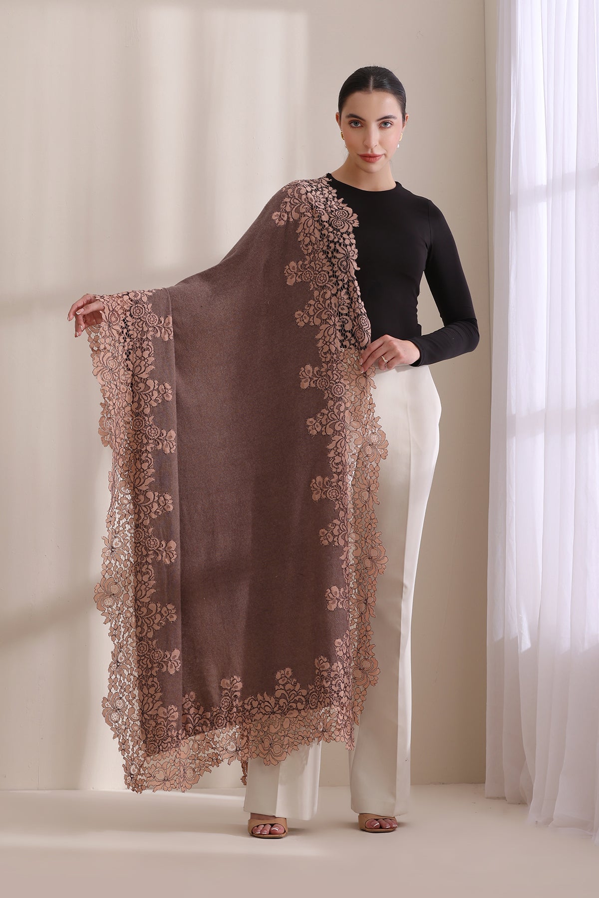 Lily All Side Floral Lace Tone on Tone , Fine Wool Knitted Stole