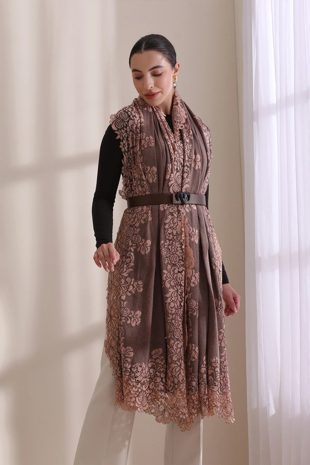 Lily All Side Floral Lace Tone on Tone , Fine Wool Knitted Stole