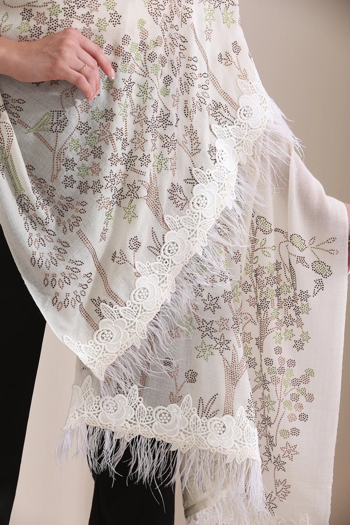 Isla Floral Stone work with rose lace with feather on border Stole