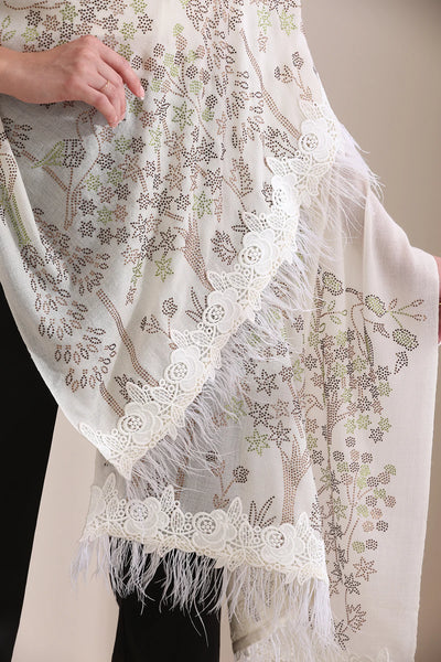 Isla Floral Stone work with rose lace with feather on border Stole