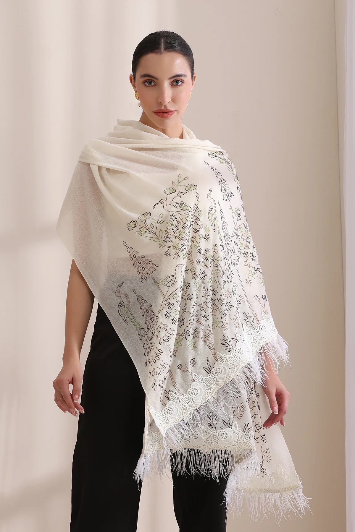 Isla Floral Stone work with rose lace with feather on border Stole