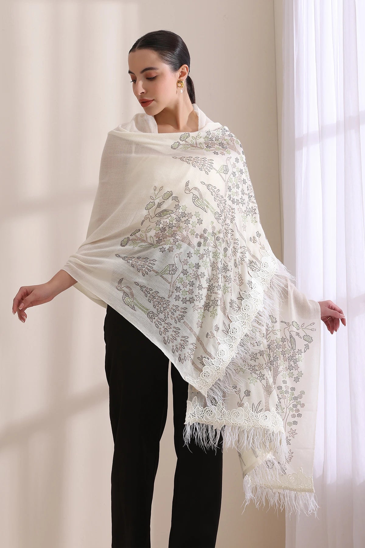 Isla Floral Stone work with rose lace with feather on border Stole