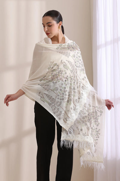 Isla Floral Stone work with rose lace with feather on border Stole