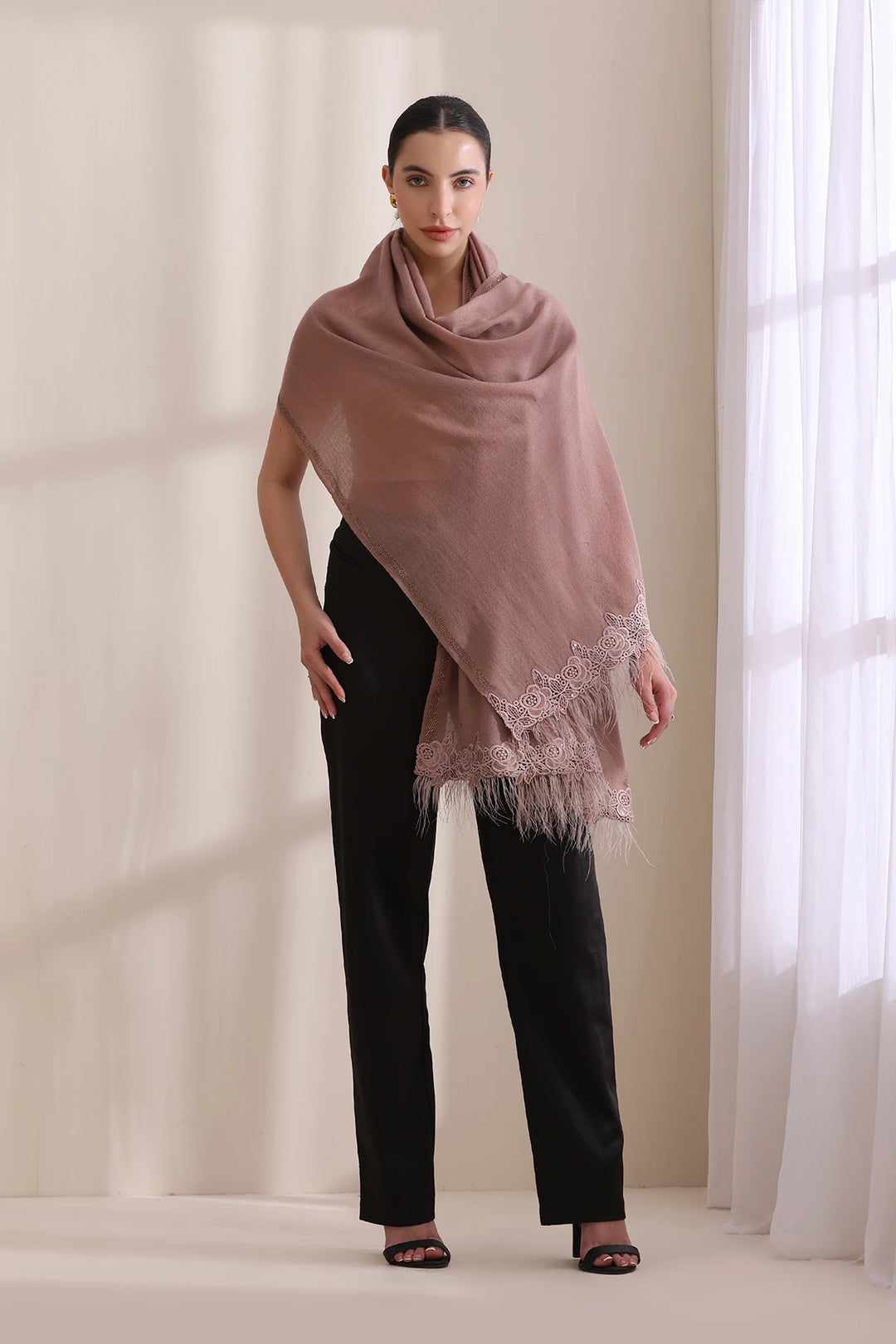 Grace Rose Lace with Feather on Border with Stone Border Stole