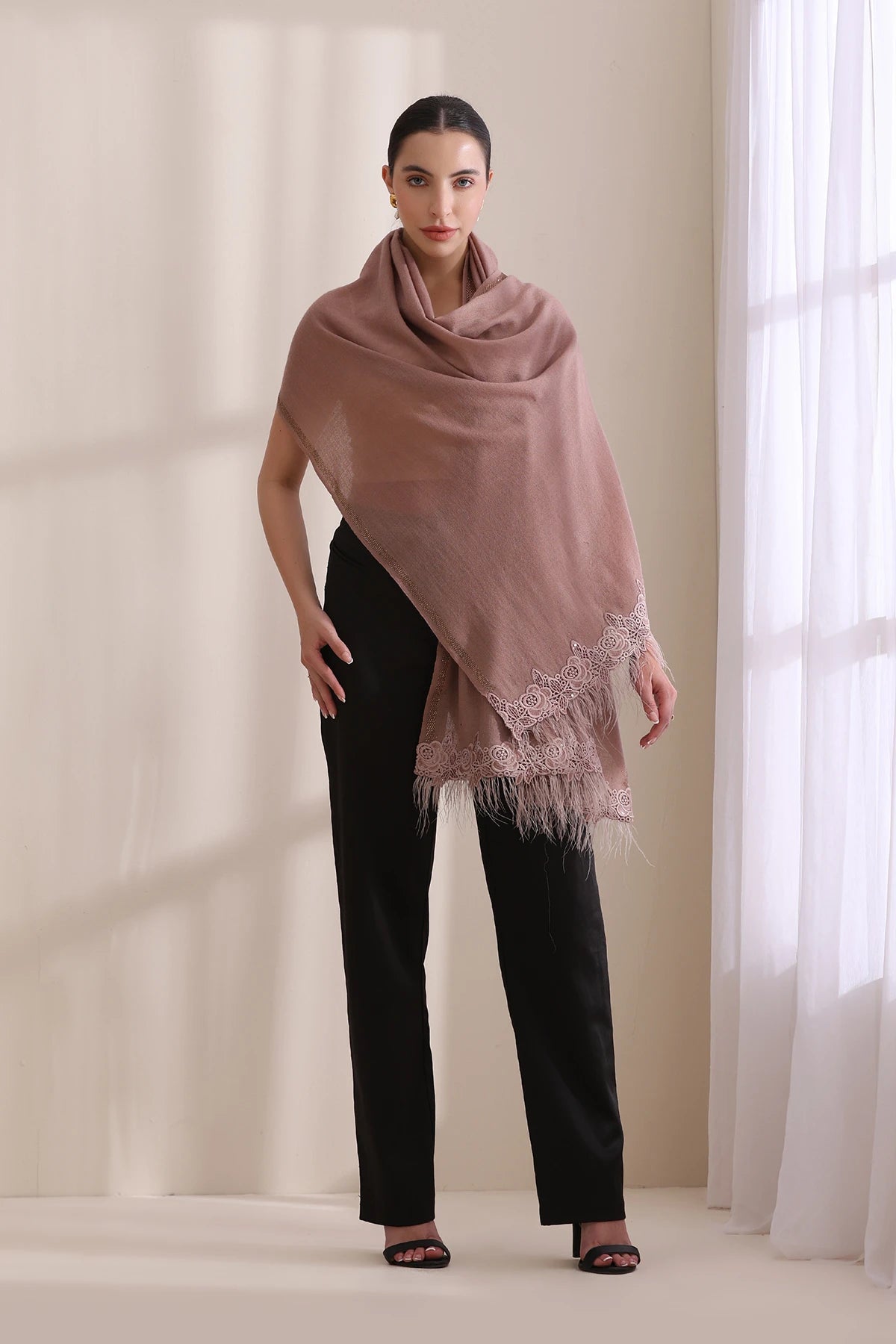 Grace Rose Lace with Feather on Border with Stone Border Stole