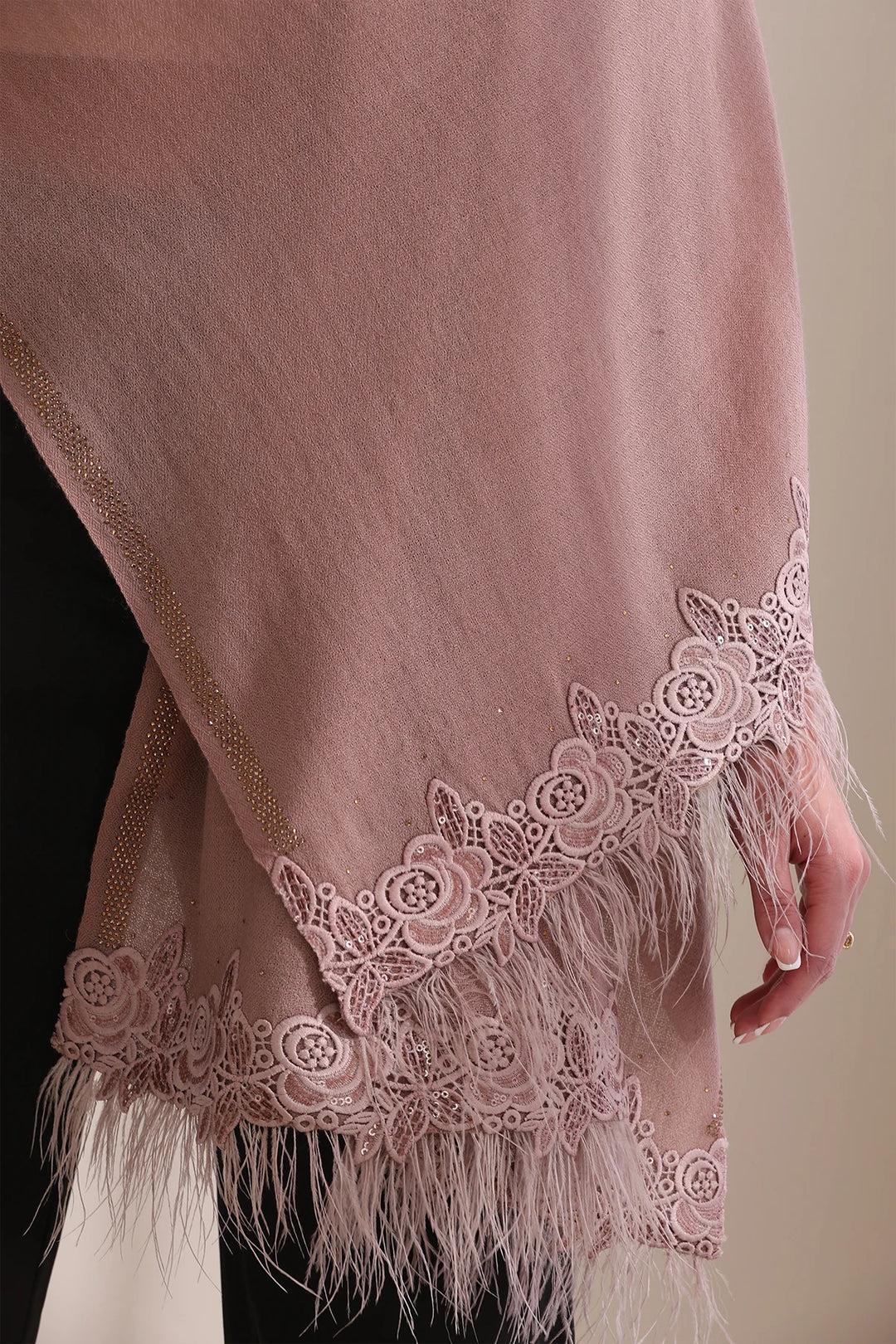 Grace Rose Lace with Feather on Border with Stone Border Stole