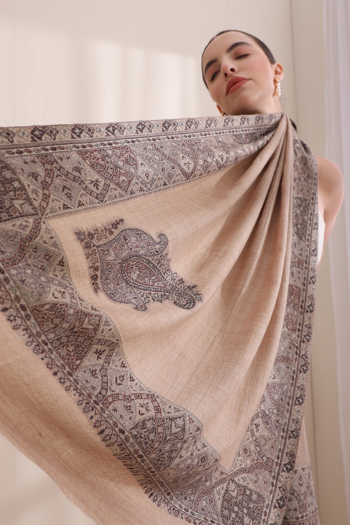 Akshi Woven Jamawar Border Stole, Cashmere Fine Wool Stole