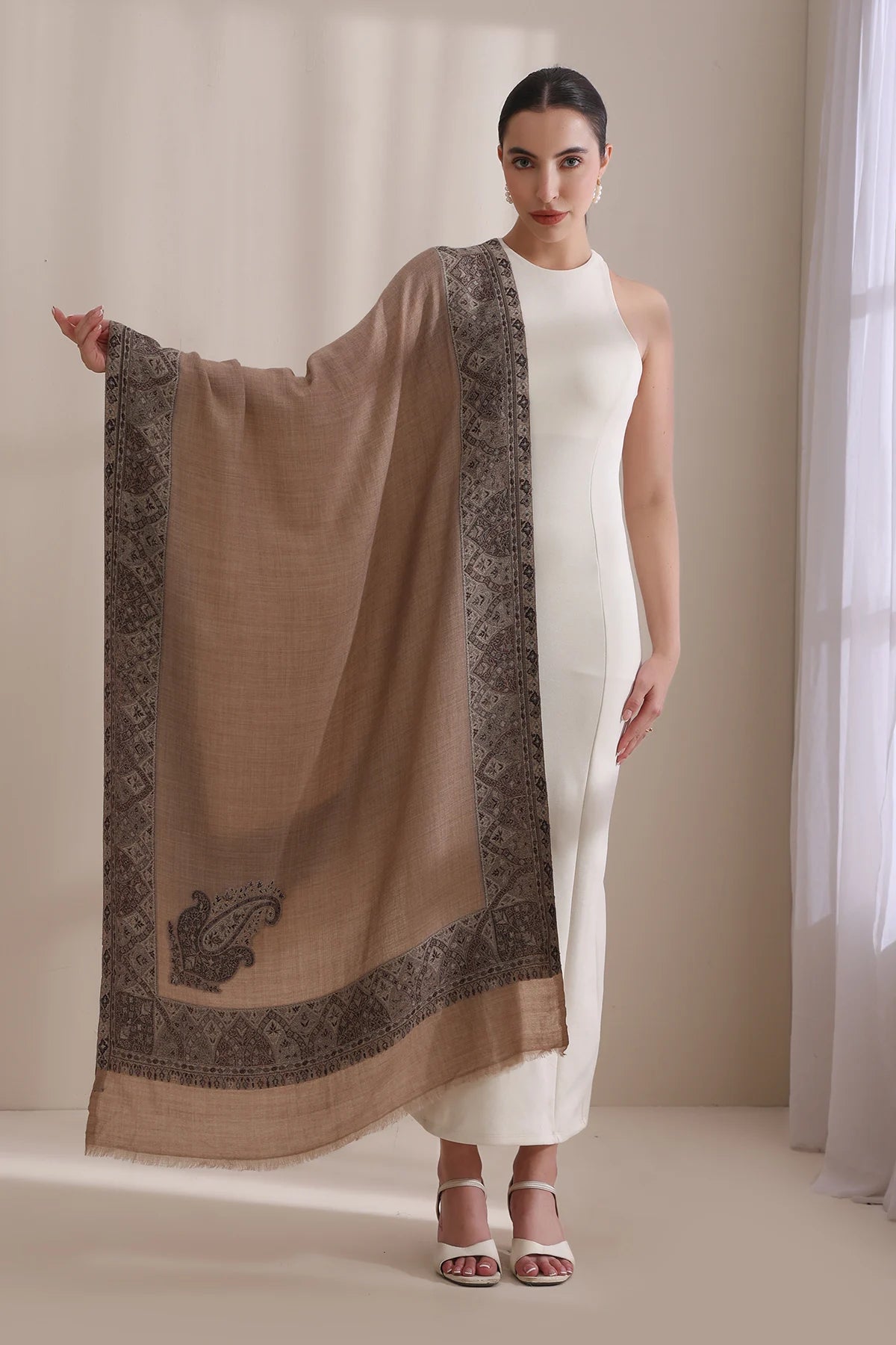 Akshi Woven Jamawar Border Stole, Cashmere Fine Wool Stole