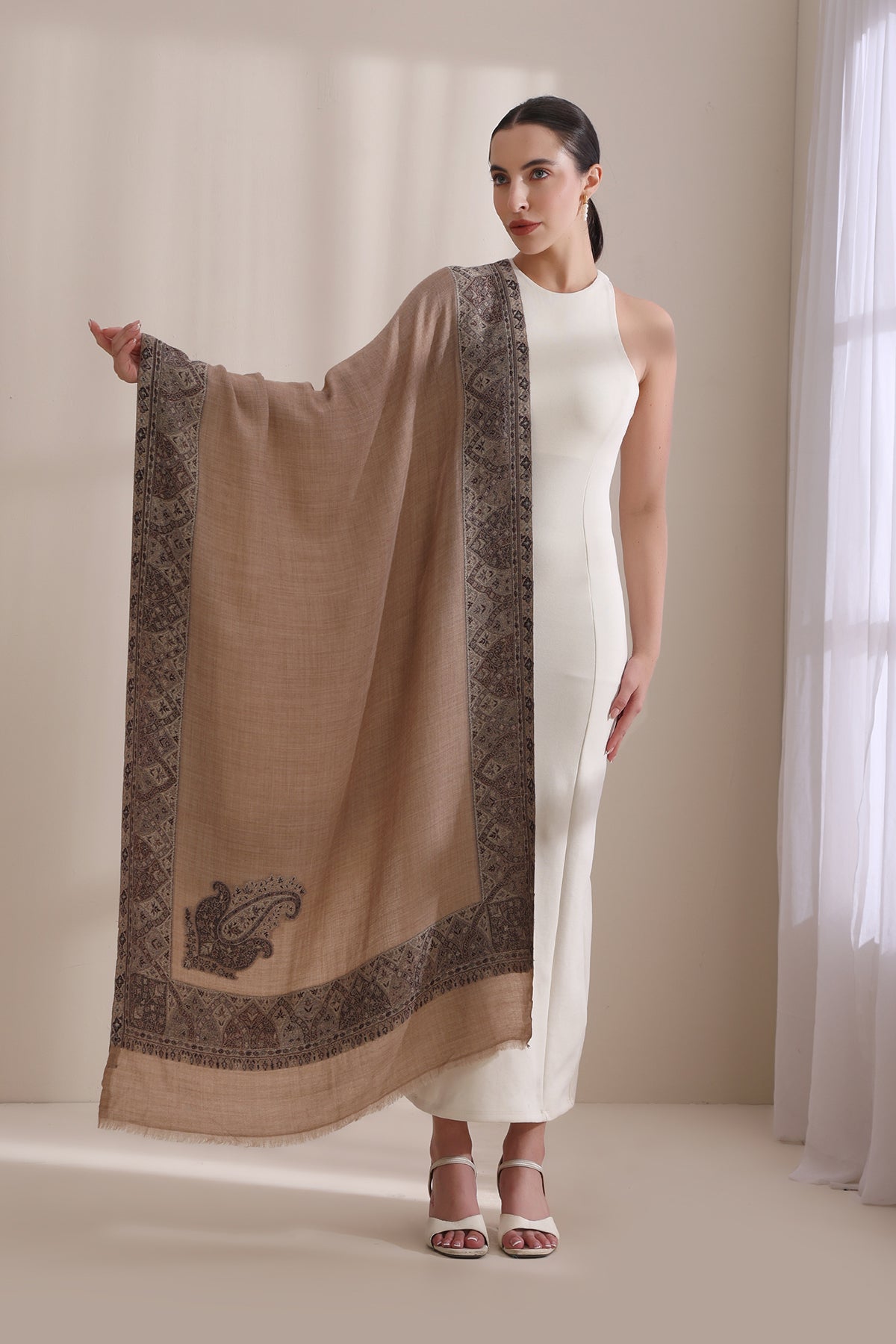 -  Akshi Woven Jamawar Border Stole, Cashmere Fine Wool Stole