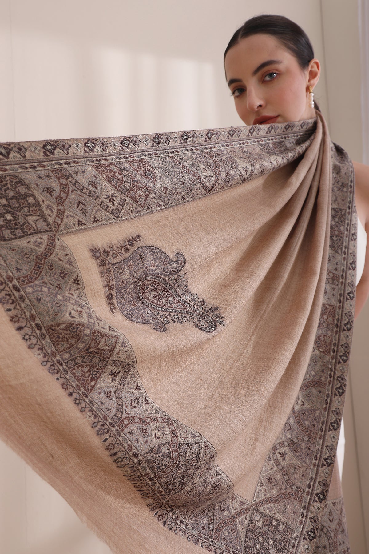 -  Akshi Woven Jamawar Border Stole, Cashmere Fine Wool Stole