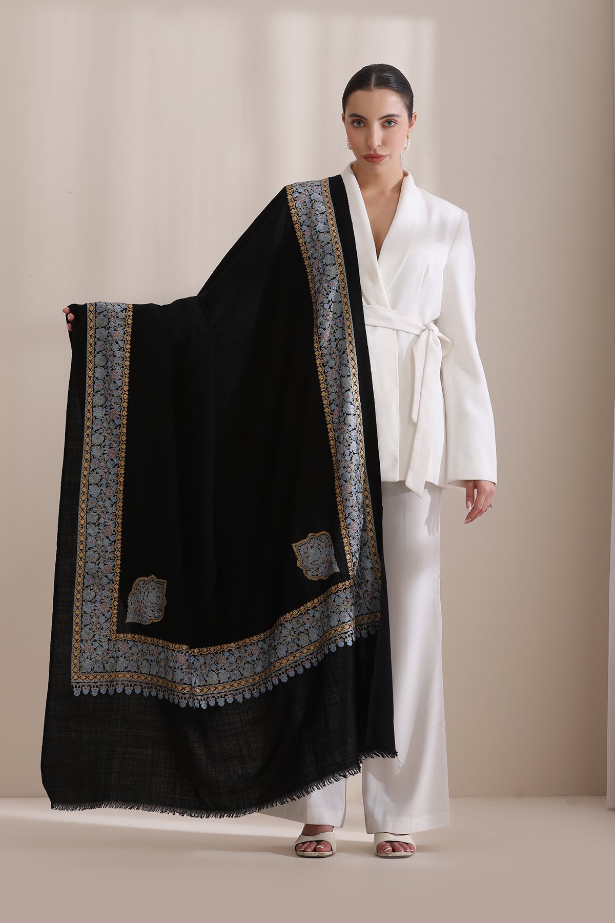 -  Abhuti Intricate embroidered shawl with four side border Shawl