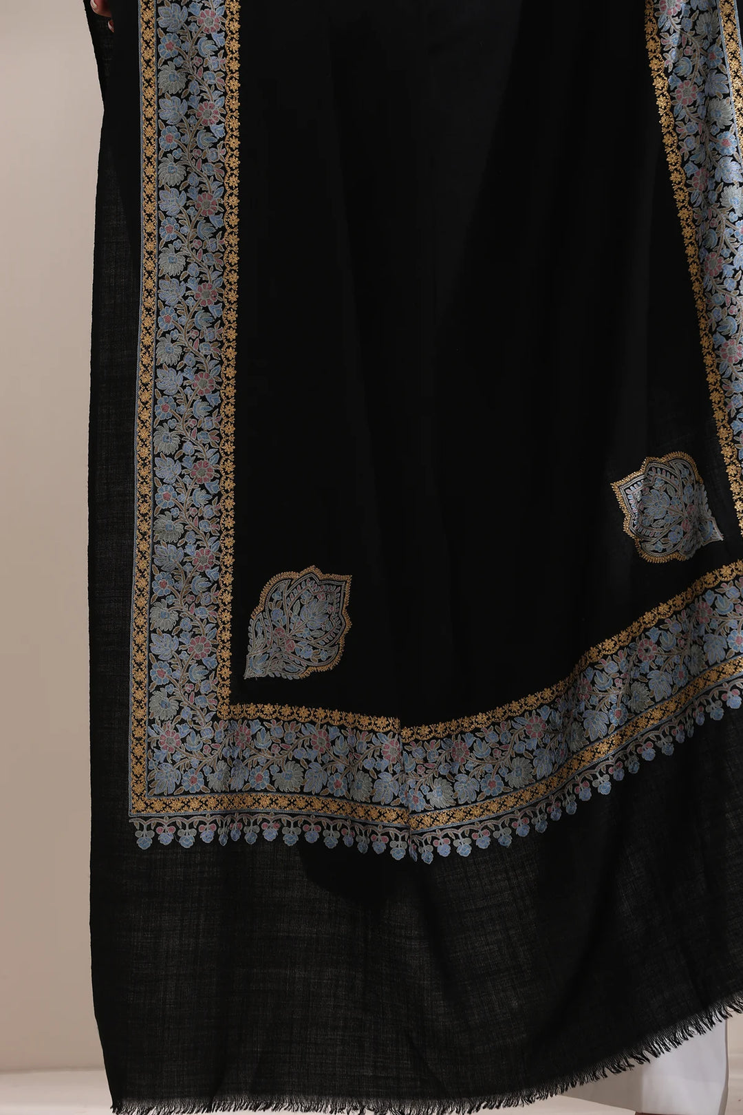 Abhuti Intricate embroidered shawl with four side border Fine Wool Shawl