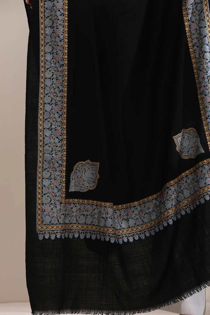 Abhuti Intricate embroidered shawl with four side border Fine Wool Shawl