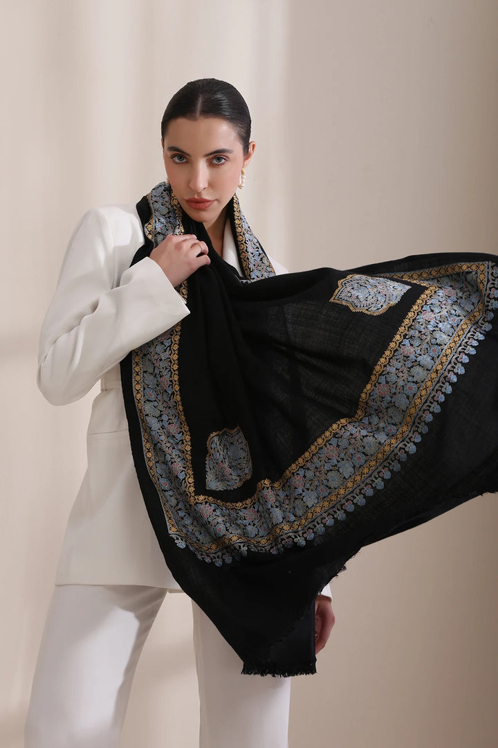 Abhuti Intricate embroidered shawl with four side border Fine Wool Shawl