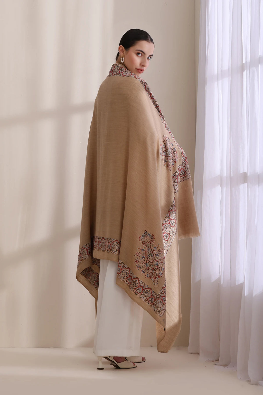 Vibhuti Intricate Embroidered Fine Wool Shawl Shawl with Four Side Border Shawl