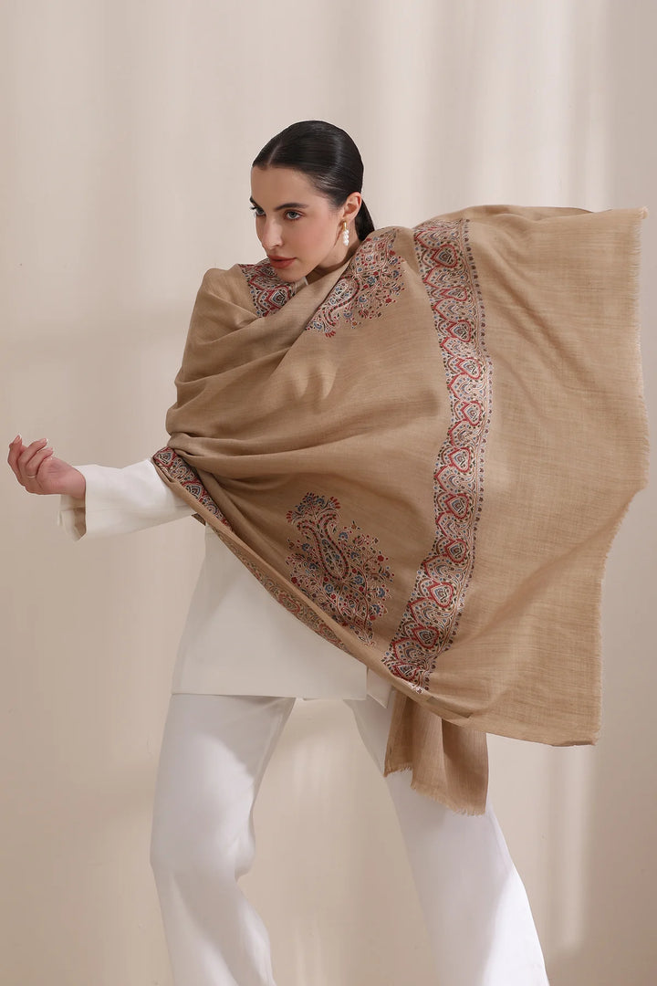 Vibhuti Intricate Embroidered Fine Wool Shawl Shawl with Four Side Border Shawl